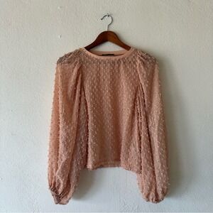 Zara Swiss Dot Sheer Blouse Women's Size Small Peach Long Sleeve Top